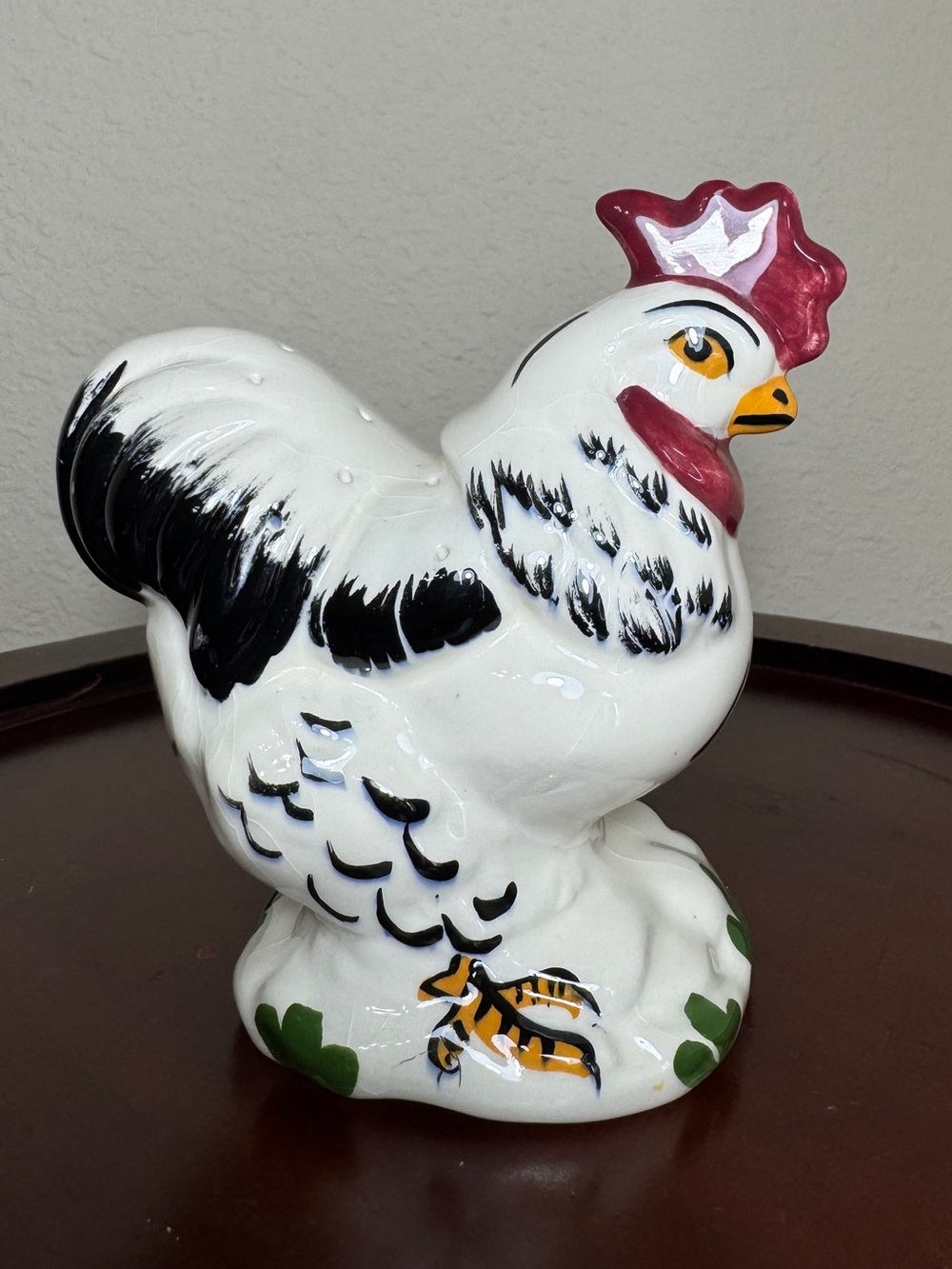 Decorative White Ceramic Rooster Figurine with Black Accents